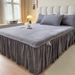Piimane flanellist voodiseelik &Uuml;hekordne Korallveluurist voodikate Paksustatud voodikate Pitsiga Polsterdatud Voodilina Seeliku&auml;&auml;r Klamber Puuvillane Voodikate 200*220cm hall