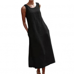 Varrukateta maksikleit naistele, lahtine &uuml;mara kaelusega maika-kleit taskutega, rannapuhkuse pikk suvekleit, suvine vaba aja r&otilde;ivastus M hall