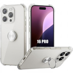 Coque silicone transparente pour iphone 16 pro, avec support &agrave; anneau rotatif argent&eacute;
