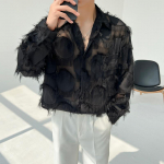 2025 Meeste Korea stiilis moes&auml;rgid Meeste seksikas avara mustriga s&auml;rk Meeste vabaaja &otilde;huke pikkade varrukatega pluus Streetwear Peo mood Camisas M must