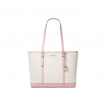 Michael Kors MK Jet Set Travel Monogram Suure Mahutavusega Pol&uuml;ester T&otilde;mblukuga K&auml;ekott Naiste T&otilde;mblukuga K&auml;ekott Vanill-Valge Hele-Roosa 35T0GTVT3V-PWD-BLSH-MLT Basic Set (Bag+Dust Bag)
