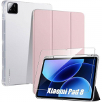 Kaitse&uuml;mbris + Karastatud Klaas Xiaomi Pad 8 / 8 Pro jaoks, H&uuml;briidne Tugevdatud P&otilde;rutuskindel Styluse Hoidikuga - Roosa roosa