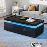 95*45*35cm Kohvilaud, Elutoala laud LED-iga, Kohvilaud 2 sahtliga, K&otilde;rgl&auml;ikega diivanilaud, Geomeetrilise disainiga k&otilde;rvallaud, Must 95 x 45 x 35 cm must