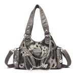 Naiste Retro Leopardimustriga Nahast &Otilde;lakott Metallkaunistusega Suure Mahutavusega K&auml;ekott Eemaldatava Rihmaga Crossbody T&otilde;mblukuga Kott Vabaaja Igap&auml;evane Daamide &Uuml;lemise K&auml;epideme gray