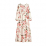 Naiste kaelus, pikkade varrukatega maksikleit, elastne k&otilde;rge v&ouml;&ouml;kohaga vaba &auml;&auml;ris, lillemustriga kleit, t&auml;navariided S sinine