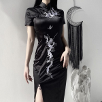 S~3XL gooti kleit naistele Lolita tume retro plaadinupp plusssuuruses pika seelikuga, t&auml;iustatud draakonitikandiga Cheongsami &otilde;huke kleit S must