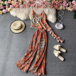 Retro Bohemian tr&uuml;kitud kaheosaline p&uuml;kstekomplekt naiste puhkuserihmaga top 2-osaline &uuml;likond k&otilde;rge v&ouml;&ouml;kohaga, plisseeritud laiad p&uuml;ksid suvi 28799 One Size roheline