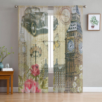 Vana-Londoni Inglismaa plakatikunst kellatorn auto t&uuml;llist l&auml;bipaistvad aknakardinad elutuppa Voile organza kardinad kardinad W135 x H115cm x1