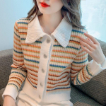 Prantsuse vintage v&auml;rviliste triipudega kootud kampsun s&uuml;gis/talv armas nukukaelus pikkade varrukatega kampsun kardigan mantel naistele One Size valge