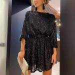 Naiste mood avara pikkade varrukatega sirge litritega s&auml;rav kleit peokleit litritega helmestega XXL must