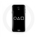 Samsung Galaxy J3 2017 &uuml;mbris Squid Game logo s&uuml;mbolid ring ruut kolmnurk Must taust