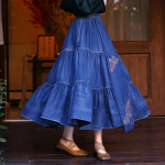 Johnature Naine kevadised liblikatikandid Hiina stiilis seelikud Vintage Splicing Devise puuvillased retro stiilis vabaaja seelikud M sinine