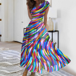 Naiste pikk vabaajakleit Suvine l&uuml;hikeste varrukatega V-kaelusega v&ouml;&ouml;koha sisset&otilde;mbav kleit, tr&uuml;kitud tr&uuml;kiga L sinine