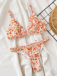 Naiste ujumistrikoo tr&uuml;kitud seksikas kolmnurkne paelusega plisseeritud pitsiga bikini rannariided ujumistrikood S oranž