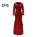 Naiste &otilde;htukleit, litrid s&uuml;gava V kaelusega, pikkade varrukatega, liibuvad kalasaba &auml;&auml;ris, litrid p&otilde;randa pikkusega &uuml;mbris seljaga, lukuga suletav Maxi kleit XXL punane