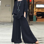 Naiste vabaaja puuvillase lina komplekt Vintage moodne n&ouml;&ouml;biga s&auml;rk ja sirged p&uuml;ksid, 2-osaline naiste &uuml;hev&auml;rviline komplekt XXXXXL must