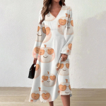 Naiste s&uuml;gis- ja talvine vabaajamoodne V-kaelusega pikkade varrukatega pikk kleit L armee roheline v&auml;rv