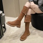 2024 Uued Vintage Pruunid Kahe Kandmisviisiga L&auml;&auml;ne Saapad S&uuml;gis ja Talv Suede K&otilde;rge S&auml;&auml;rega Saapad Paksu Kontsaga &Uuml;le P&otilde;lve Pikad Saapad Naised 36 pruun