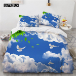 Sinine Taevas Valged Pilved Tekikott Mikrokiust Loodusmaastik Lilled Voodipesukomplekt Loom Lind Tekikate Magamistoa Dekoratsiooniks 150x200cm 3pcs