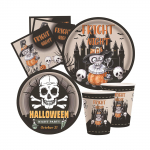 64 tk Halloweeni &uuml;hekordsed lauan&otilde;ud, taldrikud, tassid, salvr&auml;tikud, komplekt hirmutav pealuu, &uuml;hekordselt kasutatavad paberist s&ouml;&ouml;gin&otilde;ud &otilde;udseks teemapeoks