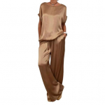 Yousheng 2 tk/komplekt naiste top p&uuml;kste komplekt satiinist &uuml;mmarguse kaelusega poolvarrukatega pluus laia s&auml;&auml;rega elastsed v&ouml;&ouml;kohaga p&uuml;ksid taskutega igap&auml;evane vaba aja veetmine avar riietus M tumepruun v&auml;rv