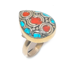 Tibetan Turquoise, Coral Handmade 925 Sterling Silver Ring Size Adjustable r8g54