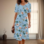 Naiste mood graatsilised lillede ja rohuprindiga suvised kevadised l&uuml;hikeste varrukatega O-kaelusega vabaajakleidid XS sinine
