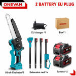 ONEVAN Harjadeta 4500W Pikendatava Varsi Elektriline Kettsaag 8-tolline 2-&uuml;hes K&otilde;rgete Oksade Saag Aia V&otilde;imut&ouml;&ouml;riist 21V 18V Akudele 2 Battery EU Plug