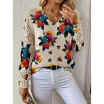 Elegantne s&uuml;gis ja talv, boheemlaslik, l&auml;&auml;neliku stiiliga mitmek&uuml;lgne V-kaelusega pikkade varrukatega naiste topp, trendikas naiste kootud kampsun L