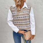 Naiste S&uuml;gisene Varrukateta Prinditud V-kaelusega Top Etniline Stiil Jacquard Kootud Soojana Hoidev Vest M khaki