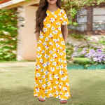 T&uuml;drukute pikk suvekleit - l&uuml;hikeste varrukatega taskutega maksikleit 4-14-aastastele 160 kollane