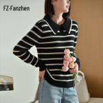 Fanzhen Women's Striped 100% Wool Turn-down Collar Sweater L