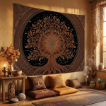 Spenlife Kosmiline Yggdrasili gobel&auml;&auml;n, Kuldse Elupuu gobel&auml;&auml;nid magamistuppa, Taevane Boho seinakaunistus, T&auml;htedega gobel&auml;&auml;nid 150X200CM
