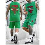 Meeste Retro Chicago Bulls Prindiga Varrukateta Tanktop ja L&uuml;hikesed P&uuml;ksid Komplekt Hingav Spordir&otilde;ivad Streetwear XXXL vaseroheline
