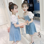 Kleit t&uuml;drukutele Denim Korea printsess Kleit Pitsiline Puhv varrukad Lastele Teksa Kleit Suvine Elegantne Teismeliste Kleidid 160 sinine