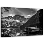 L&otilde;uendiprint Hut at a mountain lake Alps 60x40 valge/must