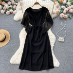 Suvine uus prantsuse kikyo disain Feeling Small peokleit Naiste nahkhiire l&uuml;hikeste varrukatega ebaregulaarse temperamendiga pikk kleit One Size must