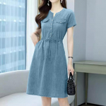 ZANZEA Naiste Retro Casual Blue Denim l&uuml;hikeste varrukatega V-kaelusega Midi kleit S must