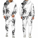 Luksuslik kuldse lilleprintiga meeste 2-osaline riietus, retrobarokkmustriga kapuuts/p&uuml;ksid/komplekt Hip Hop t&auml;navar&otilde;ivad meeste/naiste s&ouml;rkimis&uuml;likond S valge