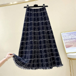 MOUKYUN Vintage ruuduline villane seelik Naiste korea elegantne tutiga pikad seelikud naistele Harajuku k&otilde;rge v&ouml;&ouml;kohaga lahtised Midi seelikud Mujer One Size must