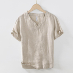Suvine 100% naturaalne linane T-s&auml;rk meestele Hiina stiilis retro riided &uuml;hev&auml;rviline p&uuml;stkrae V-kael l&uuml;hikesed varrukad topid&T-s&auml;rgid vabaaja hingav T-s&auml;rk XL khaki