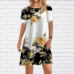 Naiste vabaajakleit Suvine oranžide rooside mustriga kleidid naistele O-kaelusega l&uuml;hikeste varrukatega kleit, suur suurus XS roosa