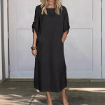 Naiste puuvillasest ja linasest &uuml;hev&auml;rviline vabaaja &uuml;mmargune kaelus, kahepoolsed taskud 3/4 varrukatega pikk kleit L must