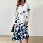 Naiste s&uuml;gis- ja talvine vabaajamoodne V-kaelusega pikkade varrukatega pikk kleit L armee roheline v&auml;rv