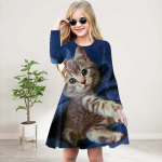 T&uuml;drukutele vabaaja 3D-printidega sinine kassikleit, &uuml;mmargune kaelus pikkade varrukatega, printsessi kleit 80 valge