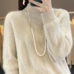 Naiste pulloverid s&uuml;gis/talvine Kvaliteetne pehme meriinovillane poolk&otilde;rge kaelus ja paks ka&scaron;miirist sviiter S beež