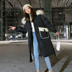 Talvine Korea moodne sulejope suure suurusega karusnahast krae Keskmise pikkusega kapuutsiga paks soe suures suuruses jope, mis sobib naistele M sinine