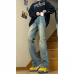 Meeste retro pestud vintage laiad teksad, meeste lahtised sirged teksad vabaaja mitmek&uuml;lgsed rippuvad pikad p&uuml;ksid M sinine