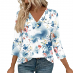 Naiste 3/4 varrukatega s&auml;rgid V-kaelusega prinditud topid vabaaja topid Lihtsad s&auml;rgid, pluus, lahtised topid L sinine