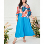 Suures suuruses naiste vintage printiga rahvuslikus stiilis elegantne pikk kleit 0XL sinine
